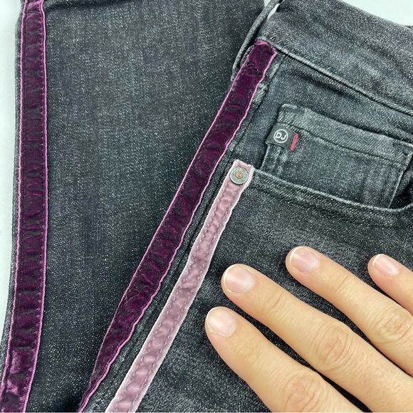 Dear John Joy Rich Skinny Black Purple Velvet Stripe Denim Jeans Women Size 24 - Picture 6 of 9